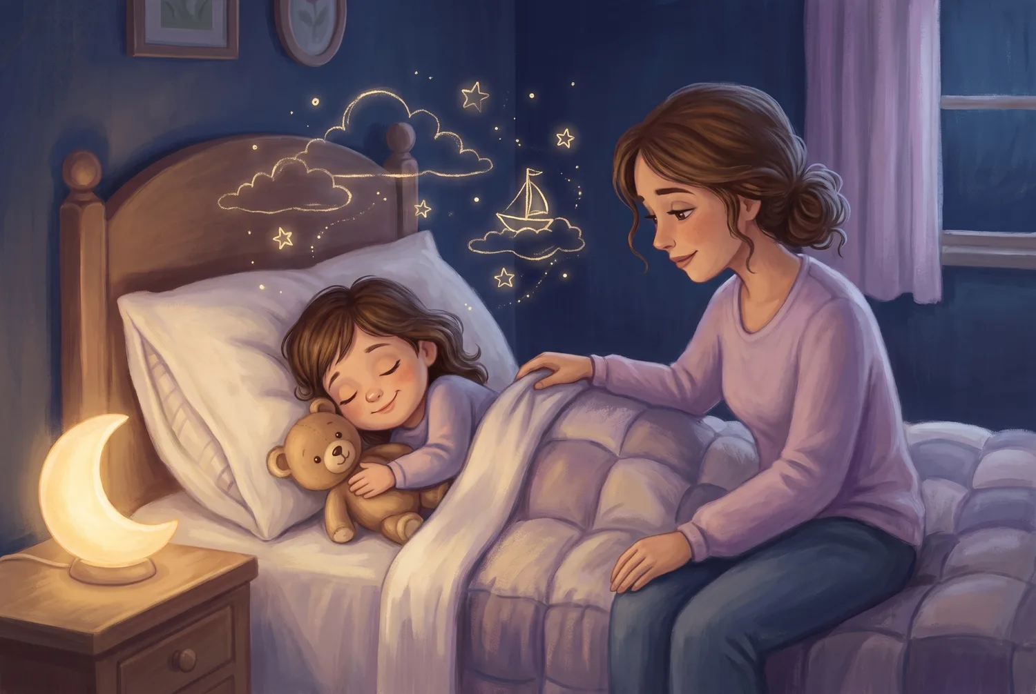 Ilustração de uma mãe ajeitando o cobertor da filha, que dorme tranquila abraçada a um ursinho