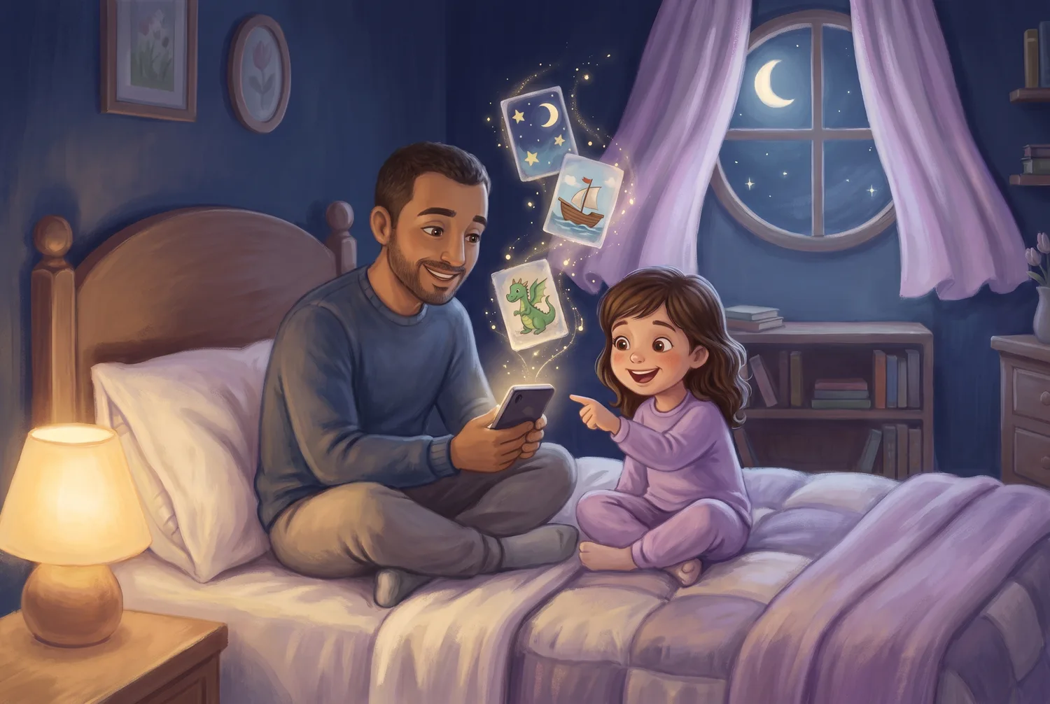 Ilustração de um pai e a filha sentados na cama escolhendo juntos a historinha da noite no celular